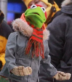 ❓ Kermit the Frog Кермит, Маппеты, лягушка, зима, шарф, кукла telegram sticker