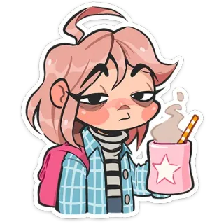 😒 schläfrig, müde, Cartoon, Figur, rosa Haare, süß, Mädchen, Getränk telegram sticker