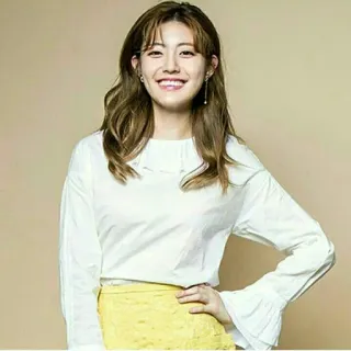 😁 woman, smiling, white shirt, yellow skirt, portrait, asian telegram sticker