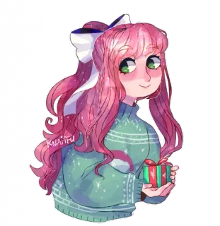 💚 Monika Doki Doki Literature Club! anime, christmas, monika, gift, sweater, bow, illustration, doki doki literature club telegram sticker