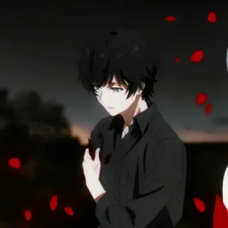 🕳 anime, pelo negro, pétalos, hombre, chico, triste, emocional whatsapp sticker