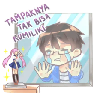 😀 TAMPANYA TAK BISA KUMILIKI anime, crying, sad, schoolgirl, reflection, Indonesian, text telegram sticker
