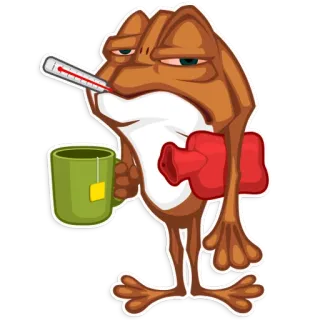 😷 개구리, 아픈, 병, 온도계, 차, 물주머니, 만화, 동물 telegram sticker