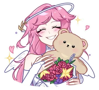😍 Anime, Meisje, Engel, Kawaii, Teddybeer, Bloemen, Schattig, Glitter telegram sticker