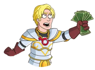 💵 kreskówka, pieniądze, postać, gotówka, blondynka, zbroja telegram sticker