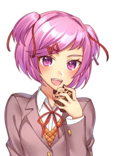 🍰 Natsuki Doki Doki Literature Club! Anime, Manga, Mignon, Fille, Cheveux roses, Uniforme scolaire, Dessert, Doki Doki Literature Club telegram sticker