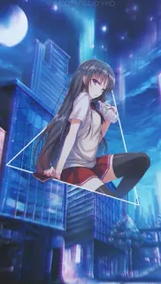 🙃 アニメ 女の子, 夜, 都市, 制服, 月, 座っている, イラスト telegram sticker