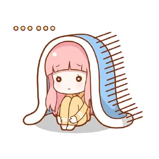 😔 o o o o o o carino, anime, ragazza, cartone animato, capelli rosa, coperta, kawaii, triste telegram sticker