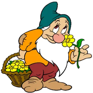 🌺 Dopey Snow White and the Seven Dwarfs dotto, nano, biancaneve, fiore, cartone animato, disney, personaggio telegram sticker