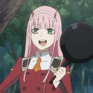 🐚 Zero Two Darling in the Franxx anime, zero two, frying pan, girl, pink hair, darling in the franxx telegram sticker