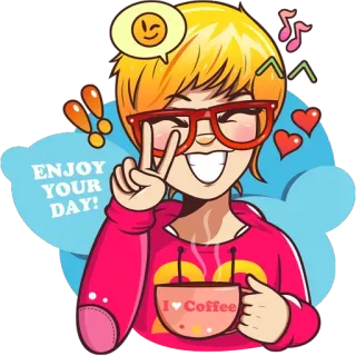 😍 ENJOY YOUR DAY! Мультфильм, Счастливый, Кофе, День, Наслаждаться, Знак мира, Милый, Позитивный telegram sticker