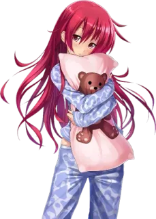 🙂 Anime Mädchen, Kissen, Teddybär, Schlafanzug, rote Haare whatsapp sticker