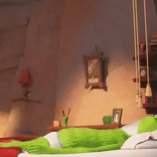 😪 Grinch กริ๊นช์, คริสต์มาส, การ์ตูน, ง่วง, เตียง whatsapp sticker