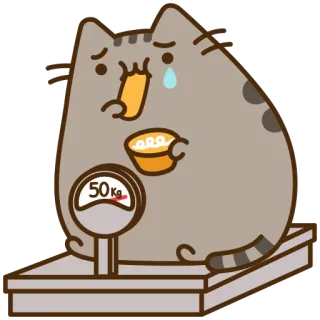🍰 Pusheen 50 kg 猫, pusheen, 体重, 悲しい, 体重計, 食べ物 telegram sticker
