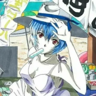 📓 Rei Ayanami Evangelion Anime, Charakter, Sommer, Strand, Eis am Stiel, Hut whatsapp sticker