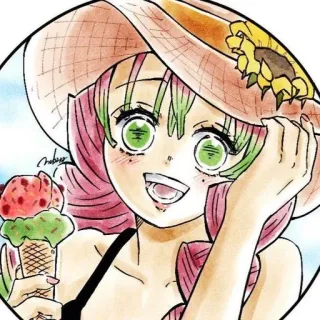 ❤️ Mitsuri Kanroji Demon Slayer Anime, Karakter, Kartun, Musim panas, Topi, Es krim telegram sticker