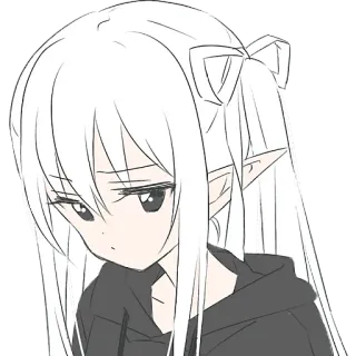 👀 Anime, Ragazza, Elfo, capelli lunghi, Felpa con cappuccio, triste, Cartone animato telegram sticker