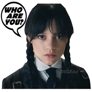 ⁉️ Wednesday Addams Wednesday WHO ARE YOU? Wandinha Addams, Netflix, Televisão, Humor Negro, Sobrenatural, Gótico, Misterioso telegram sticker