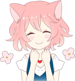☺️ Ragazza anime, Orecchie da gatto, Carino, Kawaii, Capelli rosa, Collana cuore, Fiori telegram sticker