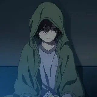 🥀 Anime, Garçon, Sweat à capuche, Triste, Assis telegram sticker