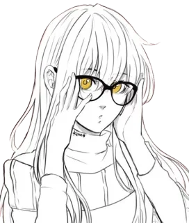 🤓 Anime, Meisje, Bril, Illustratie, Personage, Portret, Schets whatsapp sticker
