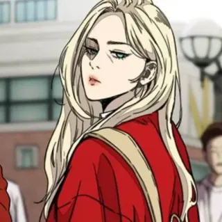🕸 mujer, rubia, dibujos animados, rojo, chaqueta, anime telegram sticker