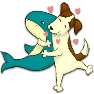 🥰 cachorro, baleia, abraço, amor, animal, amizade, desenho animado, fofo telegram sticker