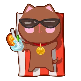 🌕 cat, cartoon, sunglasses, cocktail, beach, summer, relaxation telegram sticker