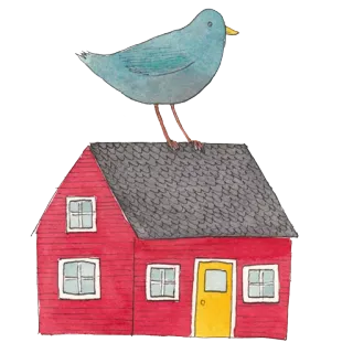 🏠 oiseau, maison, maison rouge, oiseau bleu, dessin animé, illustration whatsapp sticker