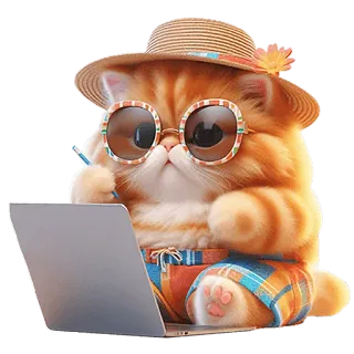 💻 mèo, bãi biển, mùa hè, máy tính xách tay, kính râm, dễ thương, mũ telegram sticker