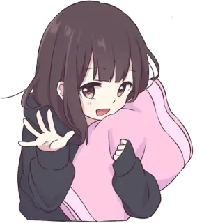 🙂 动漫女孩, 可爱, 粉色枕头, 棕发, 卡通 telegram sticker