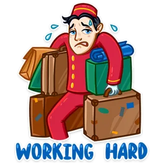 😰 WORKING HARD botones, equipaje, hotel, trabajando, cansado, trabajo, dibujos animados, lucha telegram sticker