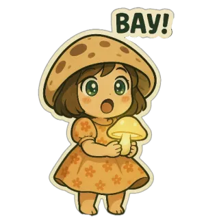 🤩 BAY! champignon, anime, fille, mignon, dessin animé, autocollant telegram sticker