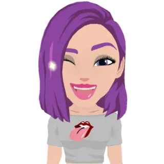 😉 hoạt hình, Bitmoji, con gái, nháy mắt, tóc tím, Rolling Stones, lưỡi telegram sticker