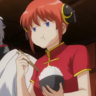 🔚 Kagura Gintama anime, kobieta, ryż, pałeczki, rude włosy whatsapp sticker