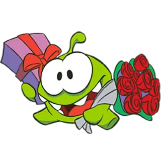 💐 Om Nom Om Nom, cartoon, groen wezen, cadeau, bloemen, schattig telegram sticker