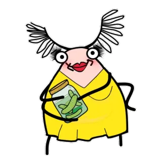 🚺 Dessin animé, Personnage, Illustration, Cornichons, Bocal, Robe jaune, Fantaisiste telegram sticker