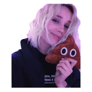 💩 зум, по пена в облекенде Frau, blond, Emoji, Plüschtier, glücklich telegram sticker