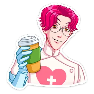 🥤 Cartoon, Figur, Sticker, Pinke Haare, Arzt, Kaffee, Anime-Stil telegram sticker