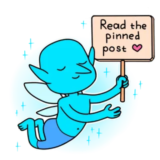 👉 Read the pinned post hada, letrero, leer, publicación fijada, azul, personaje, alas telegram sticker
