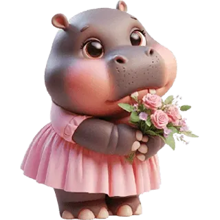 💐 hipopotam, zwierzę, słodki, kwiaty, sukienka, kreskówka telegram sticker