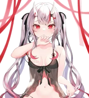 😒 fille anime, démon, cornes, lingerie, yeux rouges, rubans, mignon telegram sticker