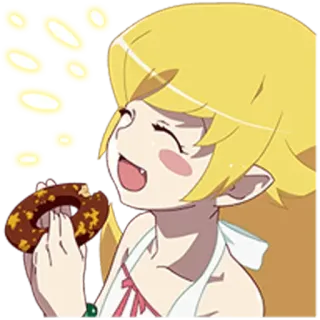 😄 Shinobu Oshino Monogatari Аниме, Мультфильм, Персонаж, Девушка, Пончик, Ест, Счастливый telegram sticker