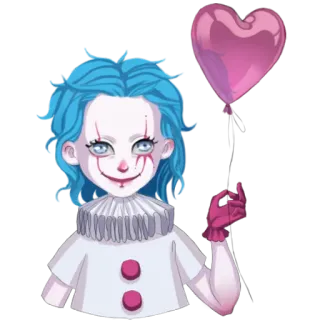 🤡 clown, ballon, hart, griezelig, blauw haar, wit gezicht, clown make-up telegram sticker