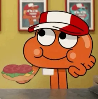 😄 Darwin Watterson The Amazing World of Gumball cartoon, sandwich, food, animated, character, orange, hat, Darwin whatsapp sticker