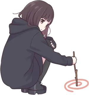 😶 fille anime, sweat à capuche, accroupi, dessin, spirale, cheveux bruns, vêtements noirs telegram sticker
