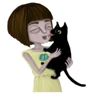 😻 소녀, 검은 고양이, 아이, 애완 동물, 만화, 귀여운 telegram sticker