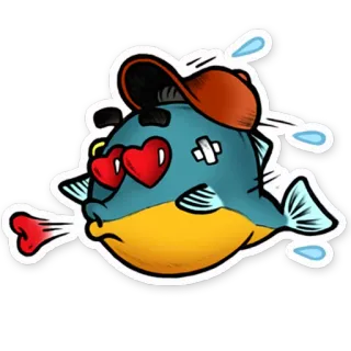 😘 fisch, herz, cartoon, aufkleber, hut, liebe, figur telegram sticker