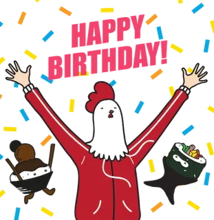 🥳 HAPPY
BIRTHDAY Geburtstag, Feier, festlich, Huhn, Sushi, Essen, Gruß, animiert telegram sticker