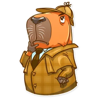 🤔 คาปิบารา, นักสืบ, การ์ตูน, สัตว์, คิด, หมวก, เสื้อกันฝน telegram sticker